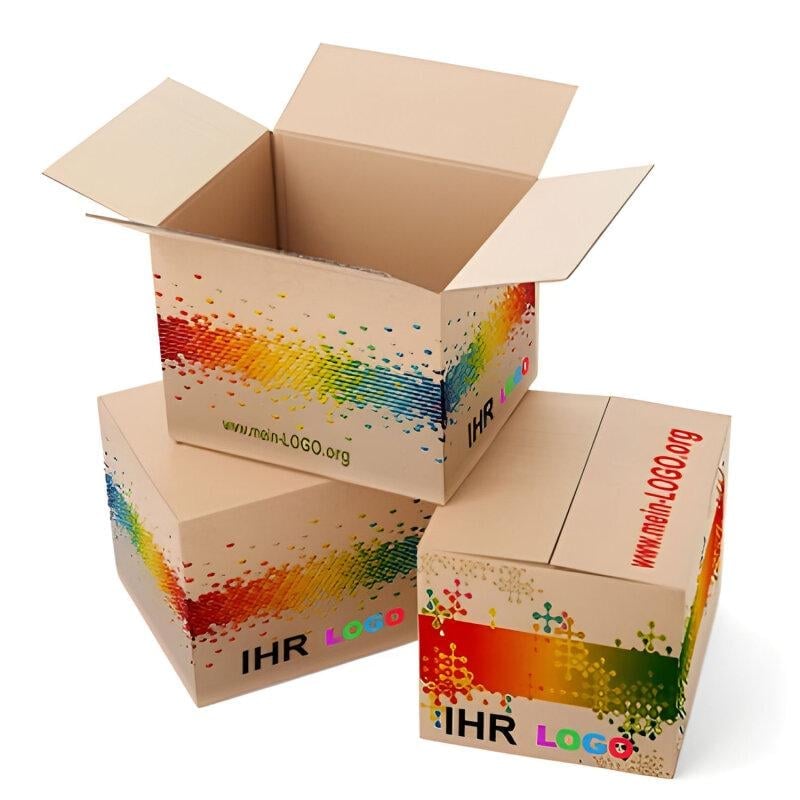 Three cardboard boxes stacked with colorful rainbow pixelated graphics and IHR branding on sides