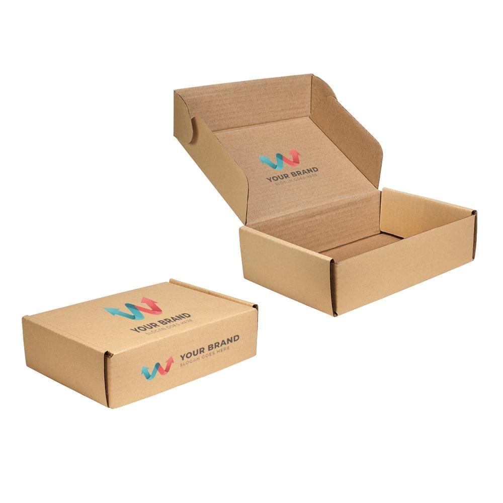 Cardboard shipping boxes with colorful YOUR BRAND logo, shown in closed and open states from different angles