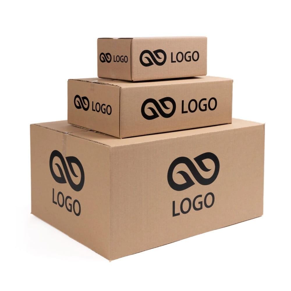 Three stacked cardboard boxes of decreasing size, each branded with a black infinity logo and text reading LOGO
